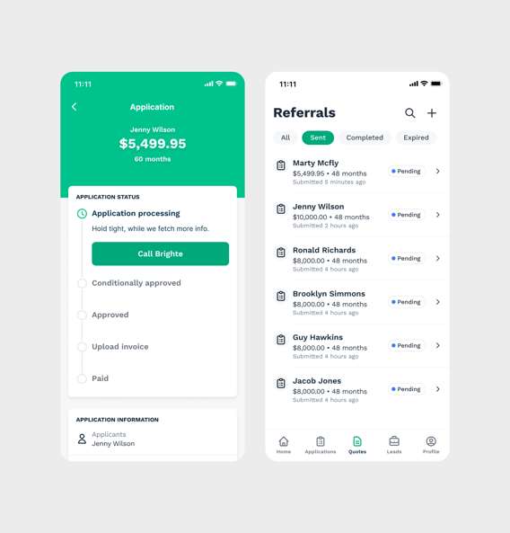 Illustration: a series of windows displaying elements of the Brighte mobile app design & design system – components, vendor screen, processing application screen