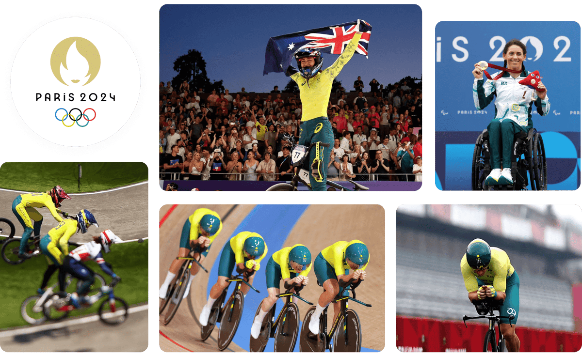 Collage of Australian cyclists competing and celebrating at the Paris 2024 Olympics and Paralympics, featuring the Paris 2024 logo.