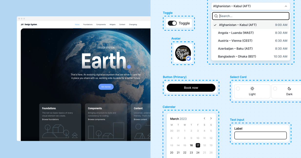 AnywhereWorks Design System website and design system components interfaces juxtaposed side by side
