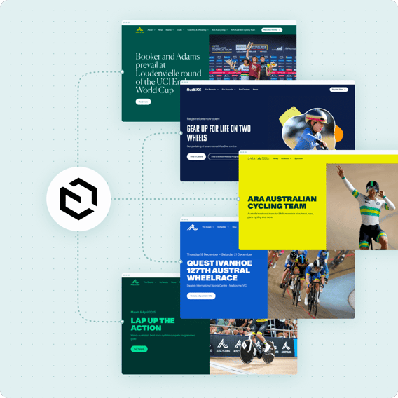 AusCycling’s interconnected event and team websites displayed in various colours, showing how multiple branded sites are powered by a shared design system.