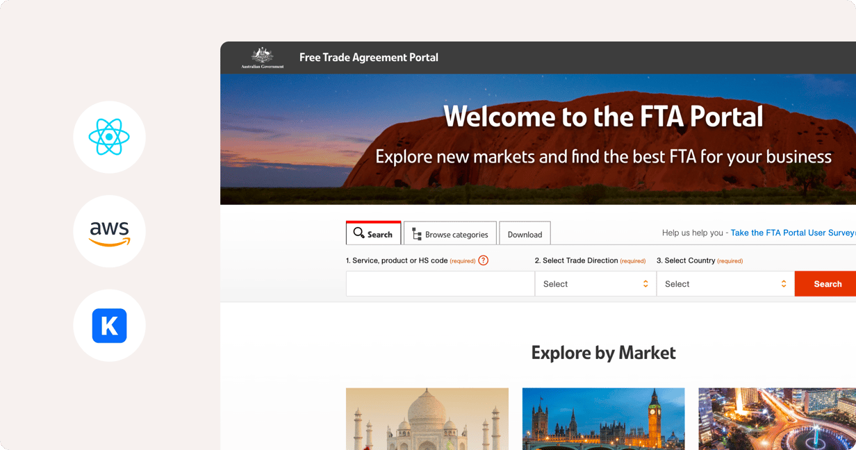 An illustration of the DFAT Free Trade Portal Home Page with Logos of React, Keystone, and AWS