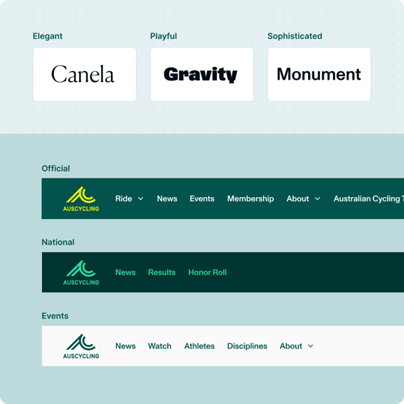 Examples of AusCycling site headers and font styles showing how different typography and navigation themes create distinct yet cohesive brand expressions.