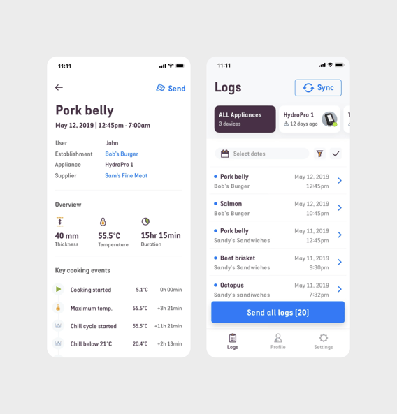 Illustration: a series of windows displaying elements of the Breville mobile app design & design system – components, cooking log screen, calendar screen