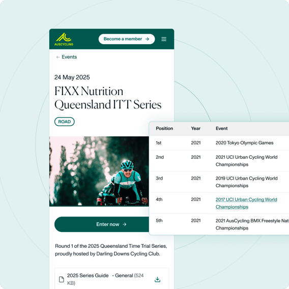 Mobile view of an AusCycling event page showing race details, an entry button, and a results table with past championship data.