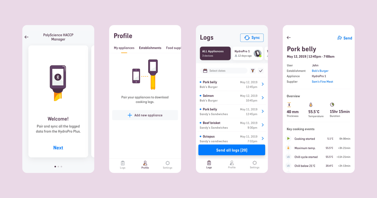 4 screens from the Breville PolyScience HACCP application juxtaposed side by side.