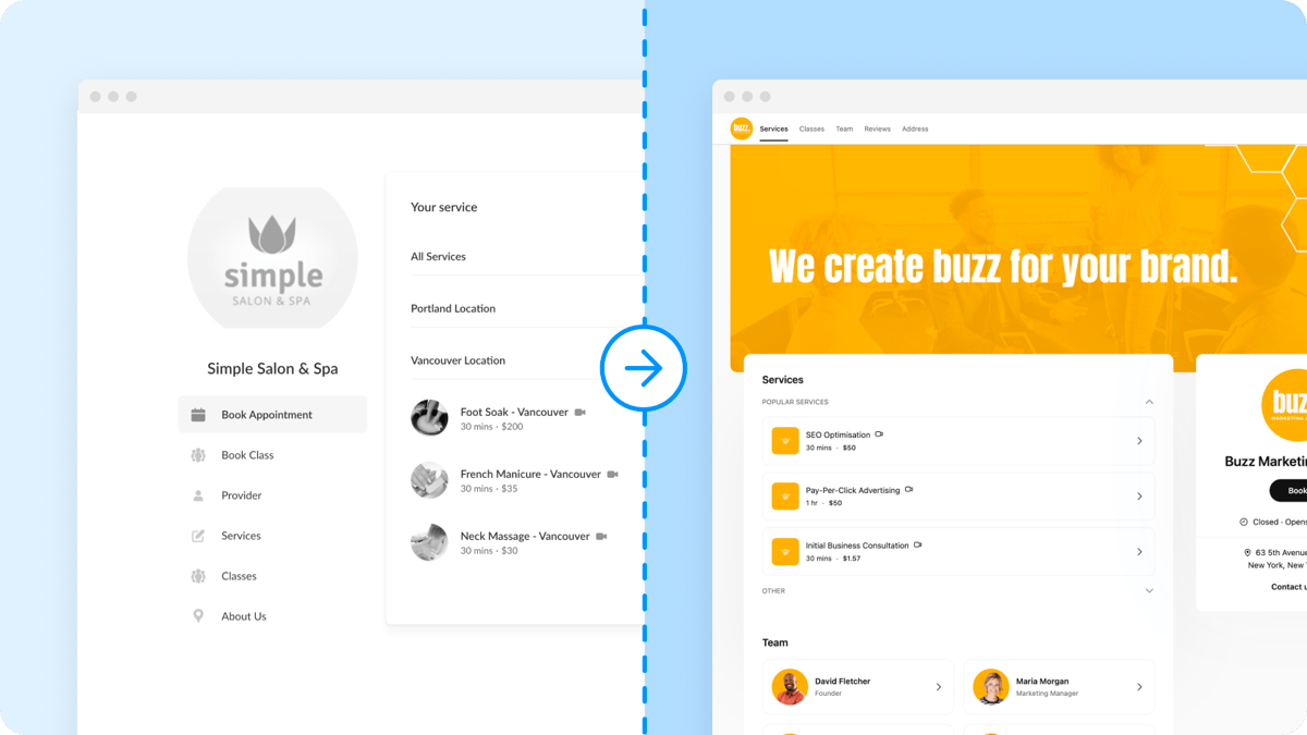 Side by side view of the old AnywhereWorks booking page interface, vs the new interface