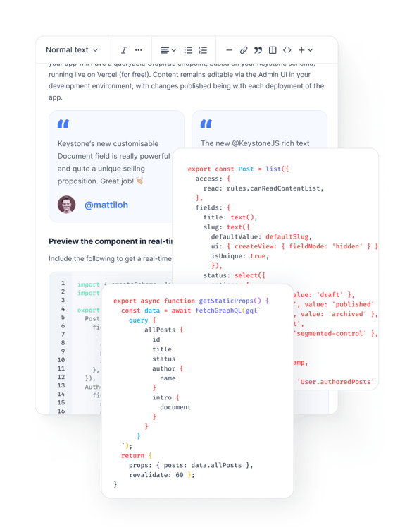 Illustration of Keystone Admin UI & GraphQL code snippets