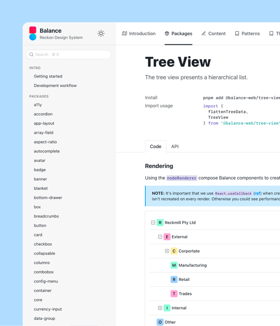 A screenshot of Tree View component from Reckon's Balance Design System