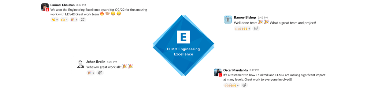 Illustration of an internal ELMO Engineering Excellence award surrounded by team members comments.