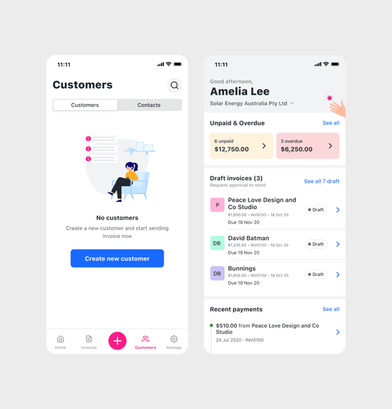 Illustration: a series of windows displaying elements of the Reckon app design & design system – token styles, profiles, create new customer screen