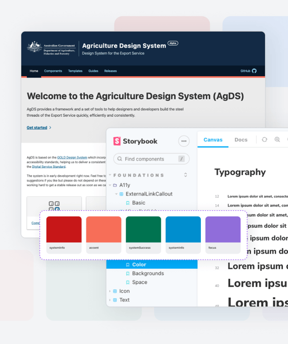 Illustration: a series of windows displaying elements of DAFF design system.