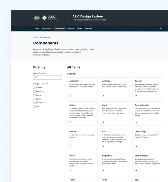 ASIC Design System components library with filters and a grid of component cards.