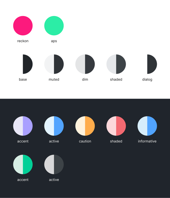 An illustration showing Reckon colour tokens in dark and light mode