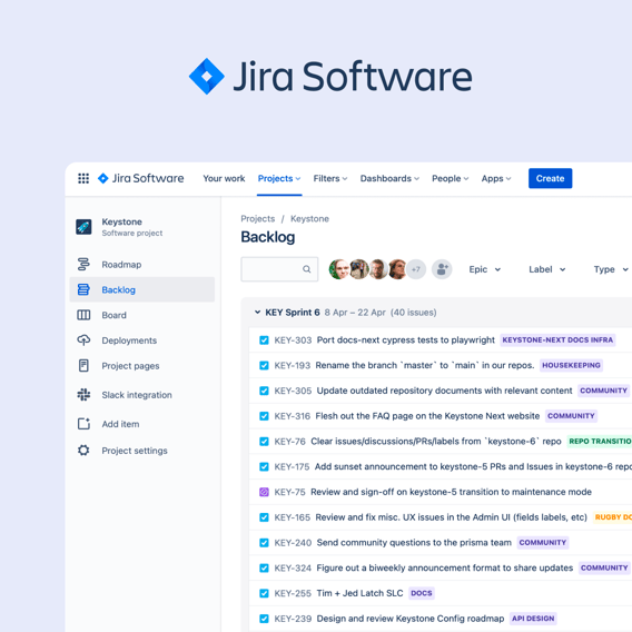Illustration: a window displaying elements of Jira’s interface including issue cards, navigation, and a project board