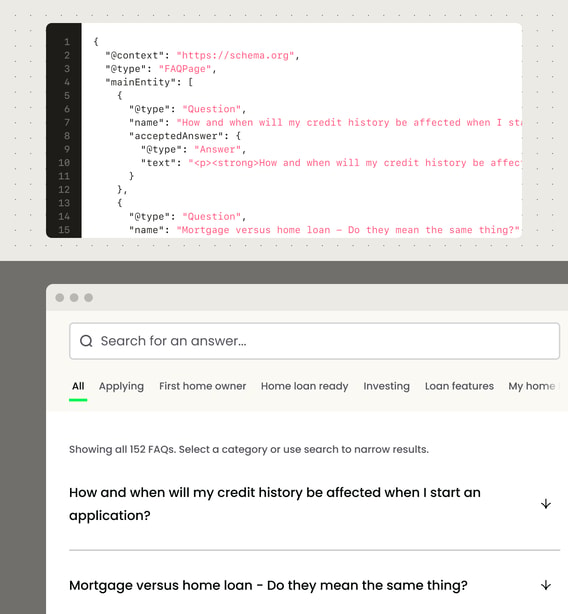 Code window showing JSON schema next to a browser window showing the related content of the FAQ’s page.