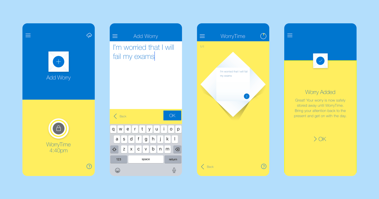 4 screenshots from the ReachOut WorryTime app juxtaposed side by side.