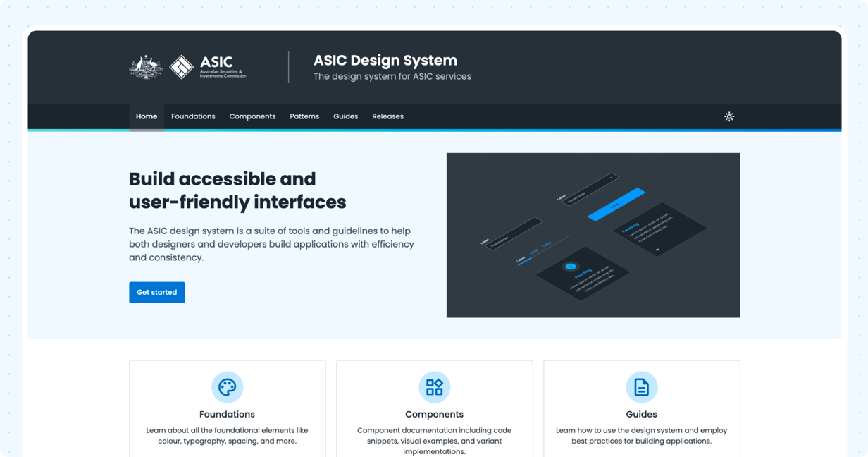 Homepage of the ASIC Design System showing tools and guides for building accessible interfaces.