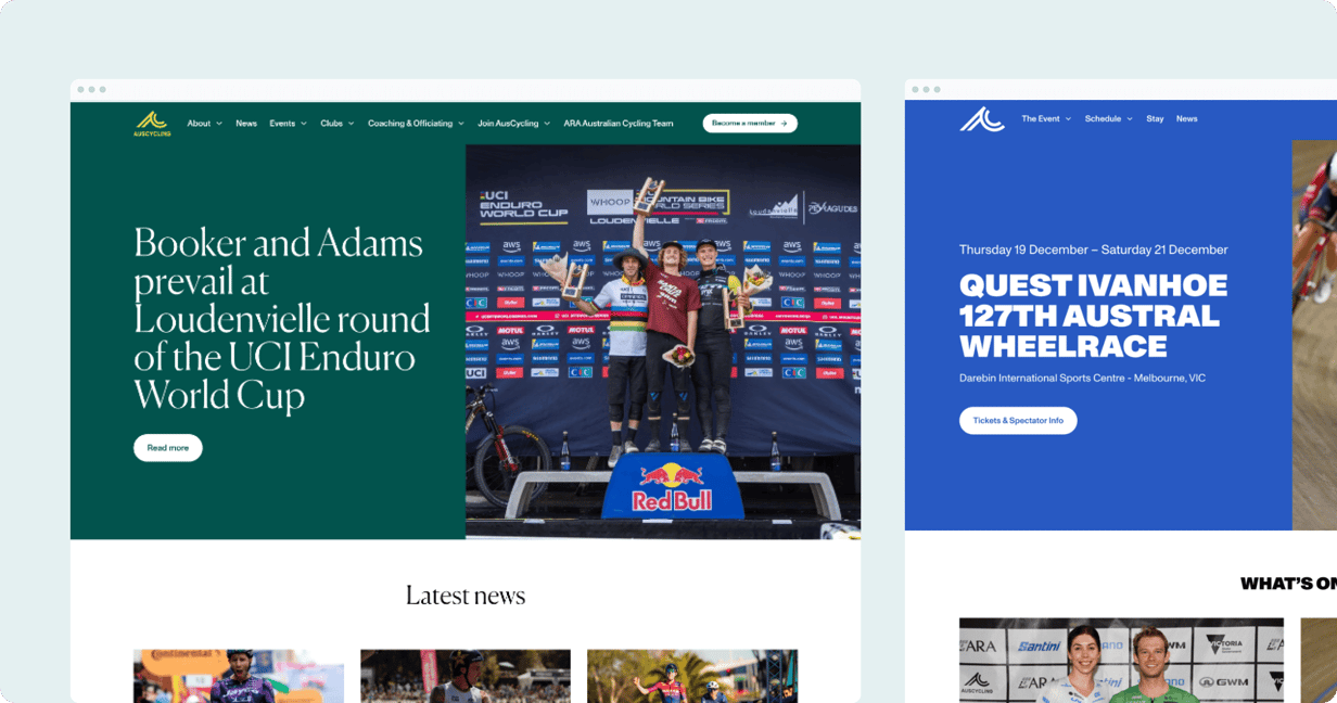 Two AusCycling event webpages showing news and race information — one highlighting UCI Enduro World Cup winners, the other promoting the 127th Austral Wheelrace.
