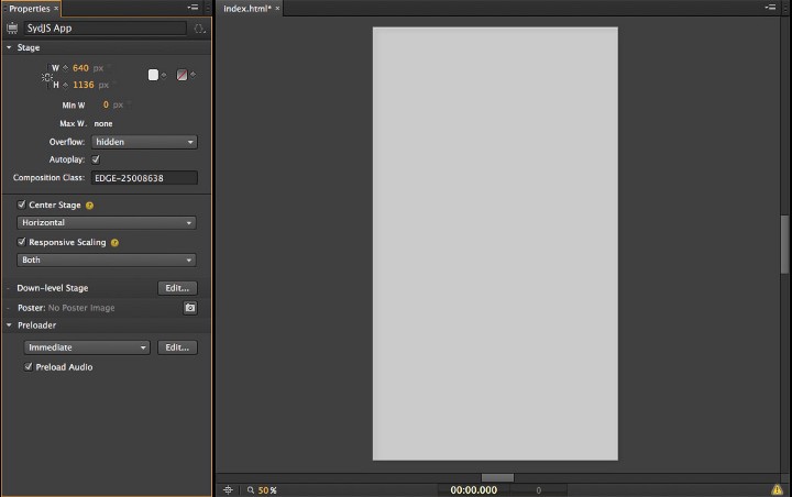 Nothing like a blank canvas. Here we’re setting up the composition dimensions to represent an iPhone 5 portrait view.