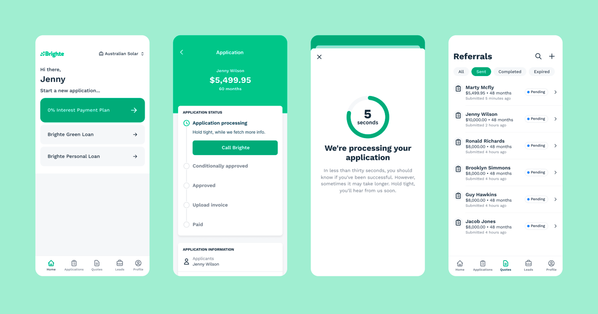 4 screens from Brighte Partner Ap juxtaposed side by side showing the application process