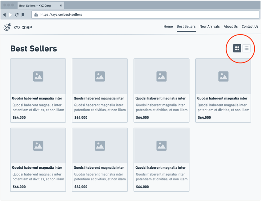 Mockup of a website Best Sellers page for XYZ corporation with list/grid toggle buttons to alter the way Best Seller results are displayed.