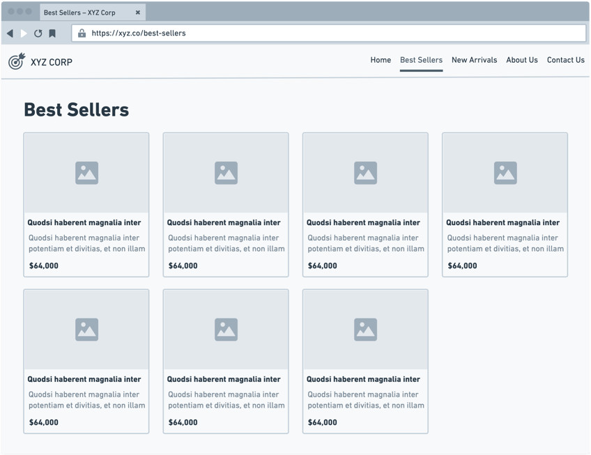 Mockup of a website Best Sellers page for XYZ corporation showing a list of product results.