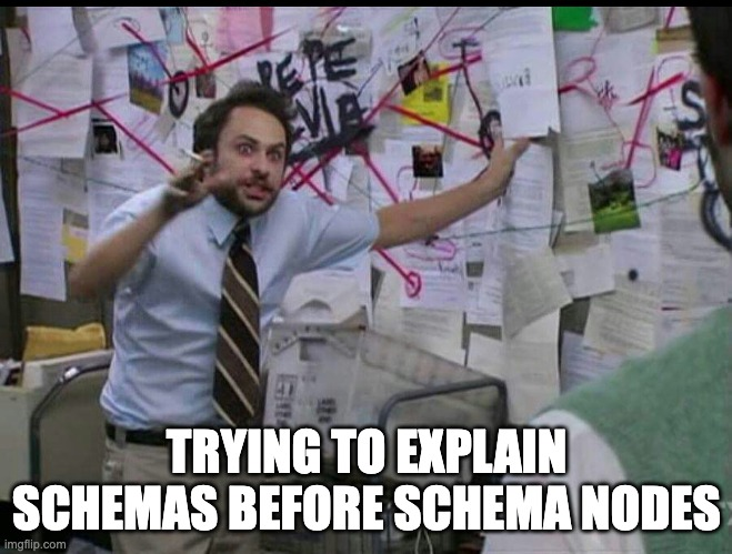 Version of the Pepe Sylvia meme with text "Trying to explain schemas before schema nodes"