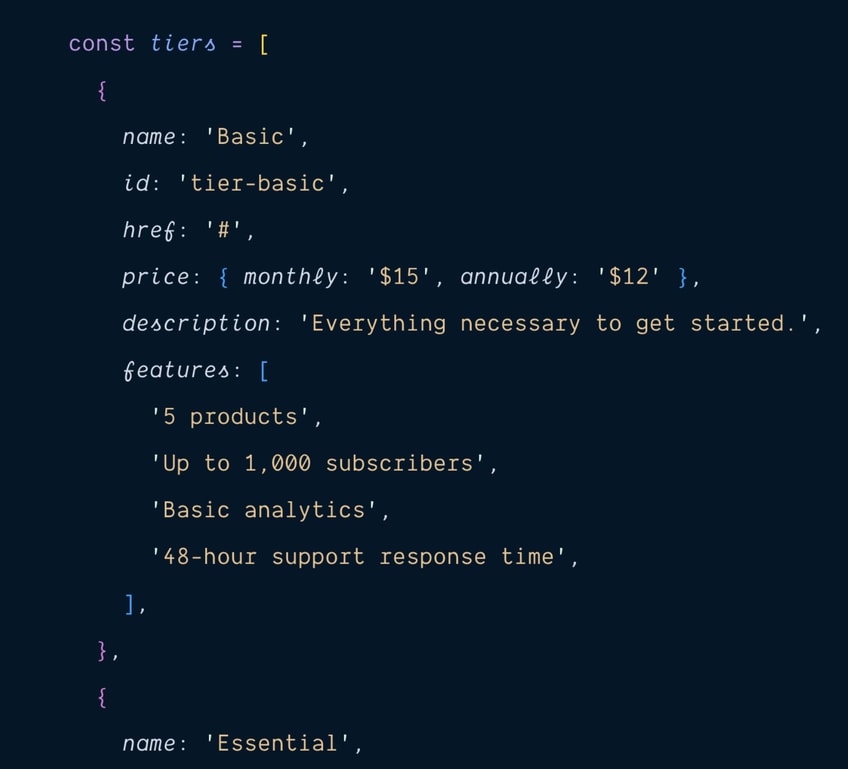 JavaScript array of pricing tiers