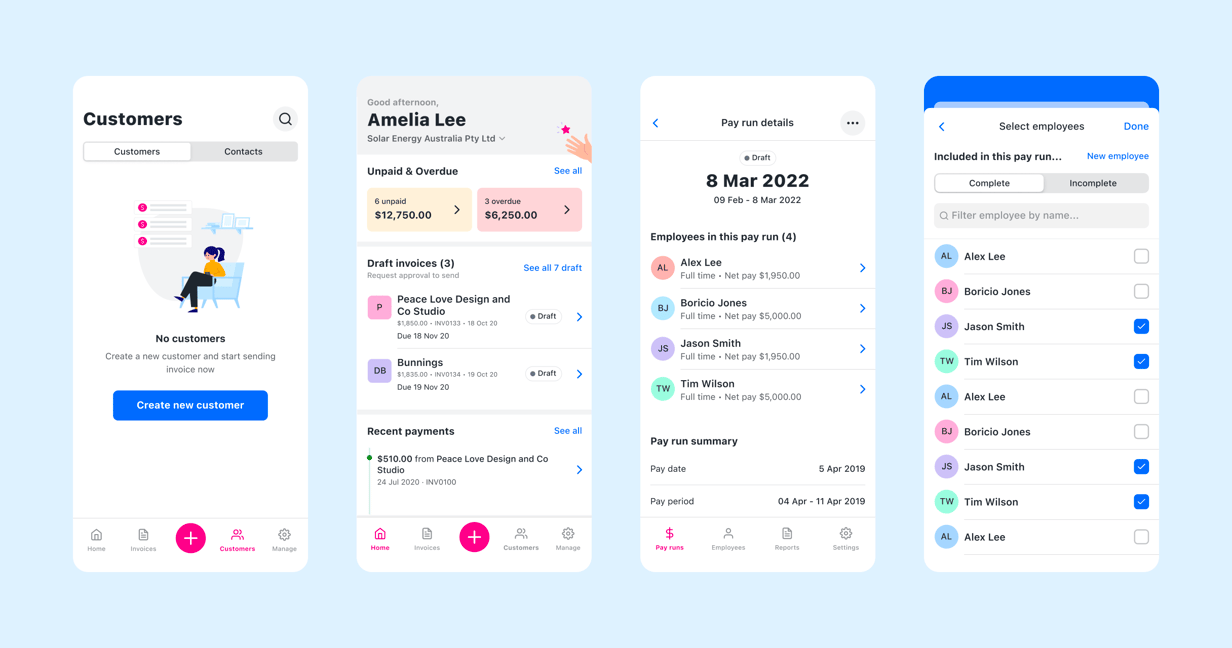 2 screens each from Reckon Invoice and Reckon Payroll App juxtaposed side by side.